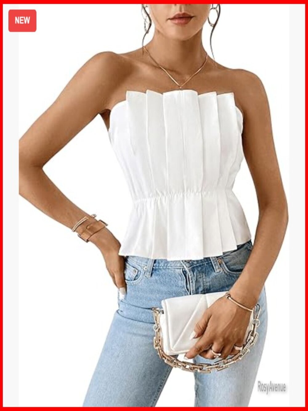Strapless Pleated Crop Tank Top Flare Hem Summer Casual Polyester
